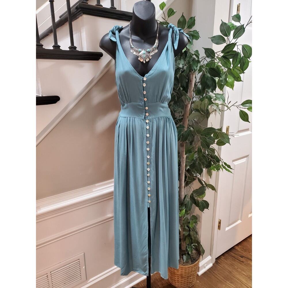 Bobbie Sharma Pinch Denim V-Neck Sleeveless Maxi Length Dress Size Medium